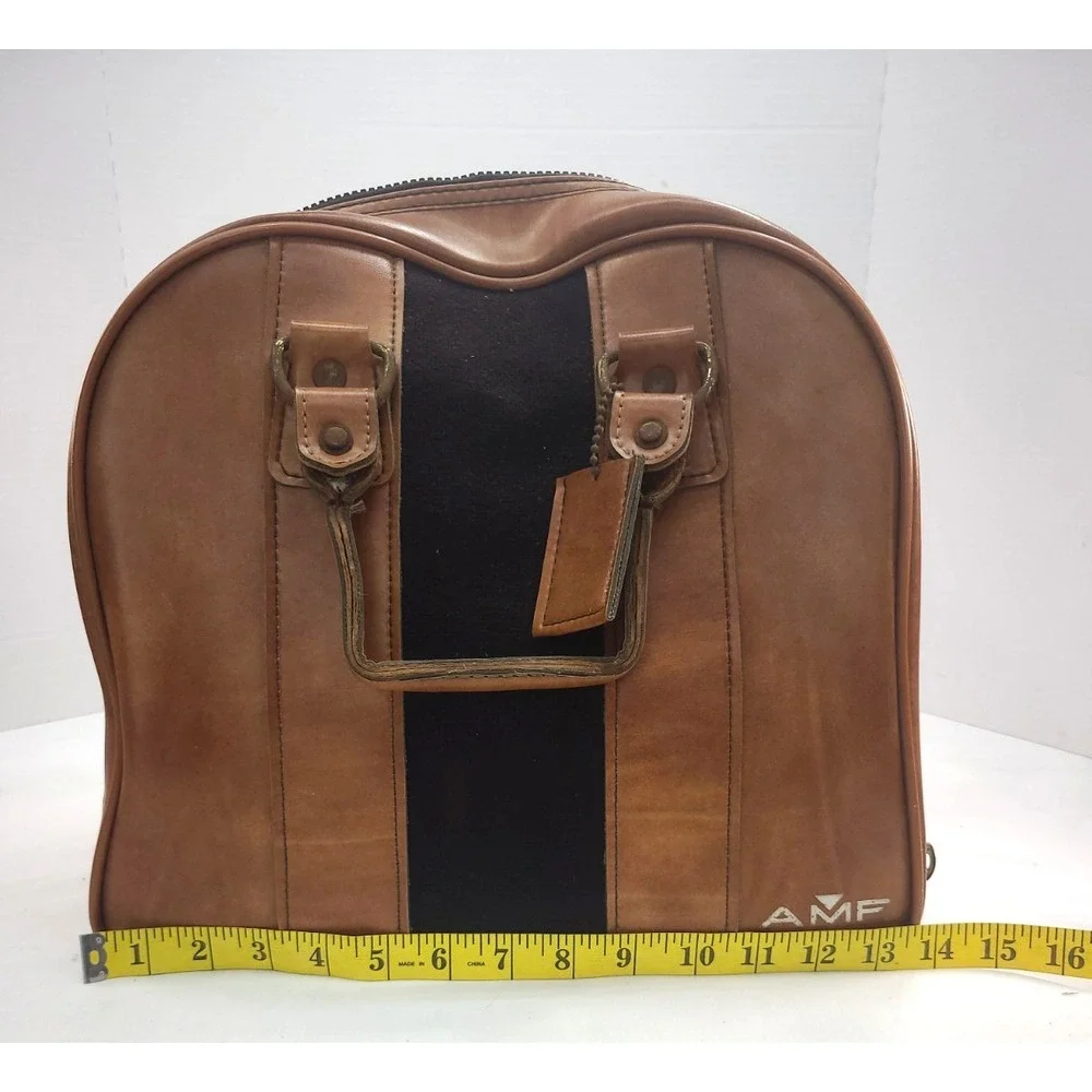 AMF VTG White, Brown & Black Single Bowling Ball Bag with Metal Rack Style 70s